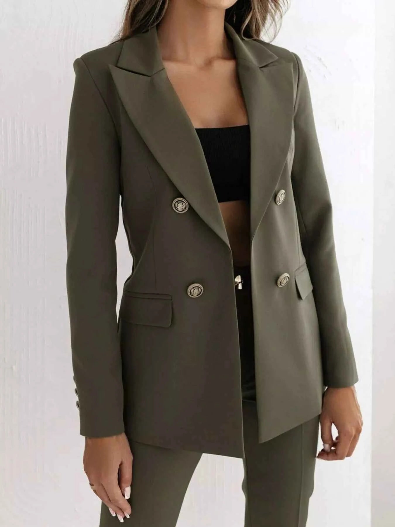 Double-Breasted Lapel Collar Blazer Army Green 7b1a6706-ec74-425a-b9f7-3aca6ed3fb39-Max-Origin