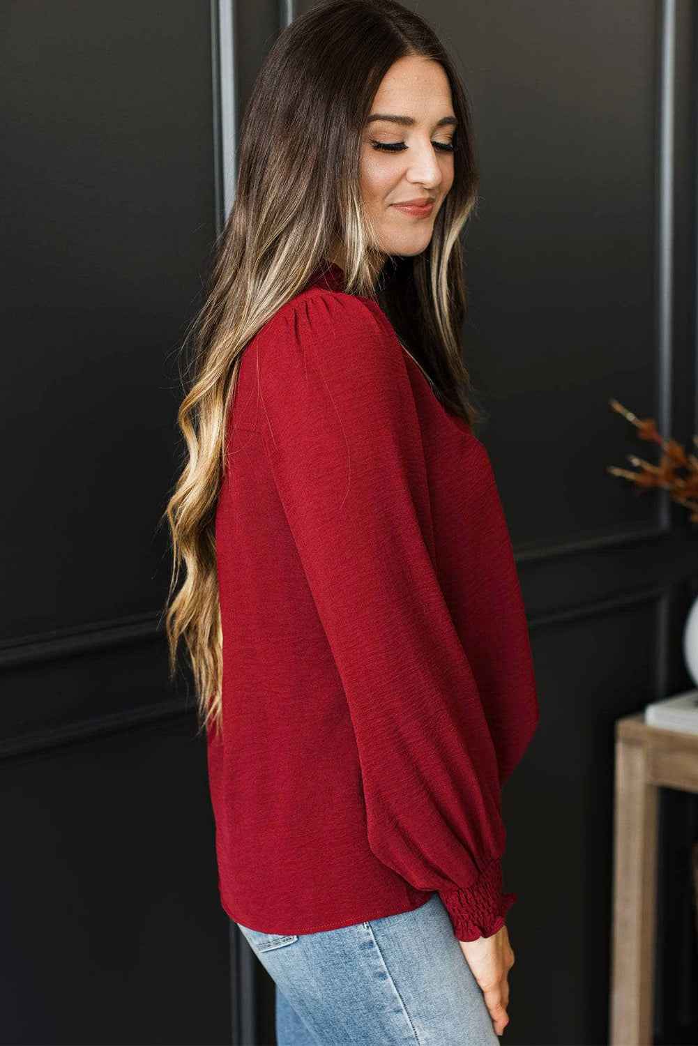 Burgundy Notched Neck Shirred Cuffs Long Sleeve Blouse 7b1e67b2415a519a