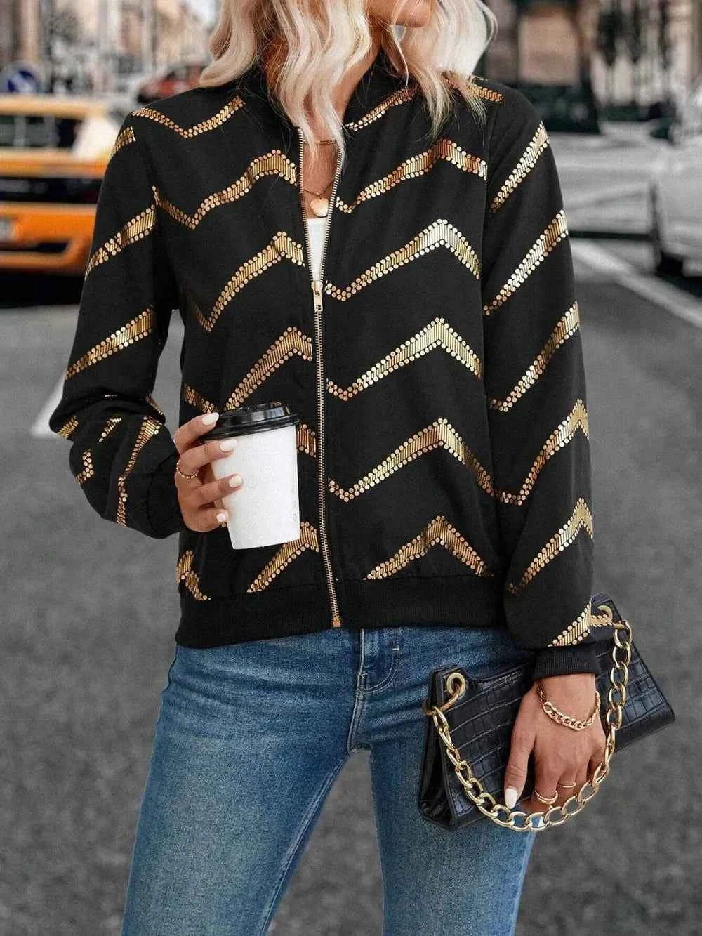 Printed Baseball Collar Zip Up Jacket 7b211336-9f9b-4d95-ba3a-9df1ee053d03-Max