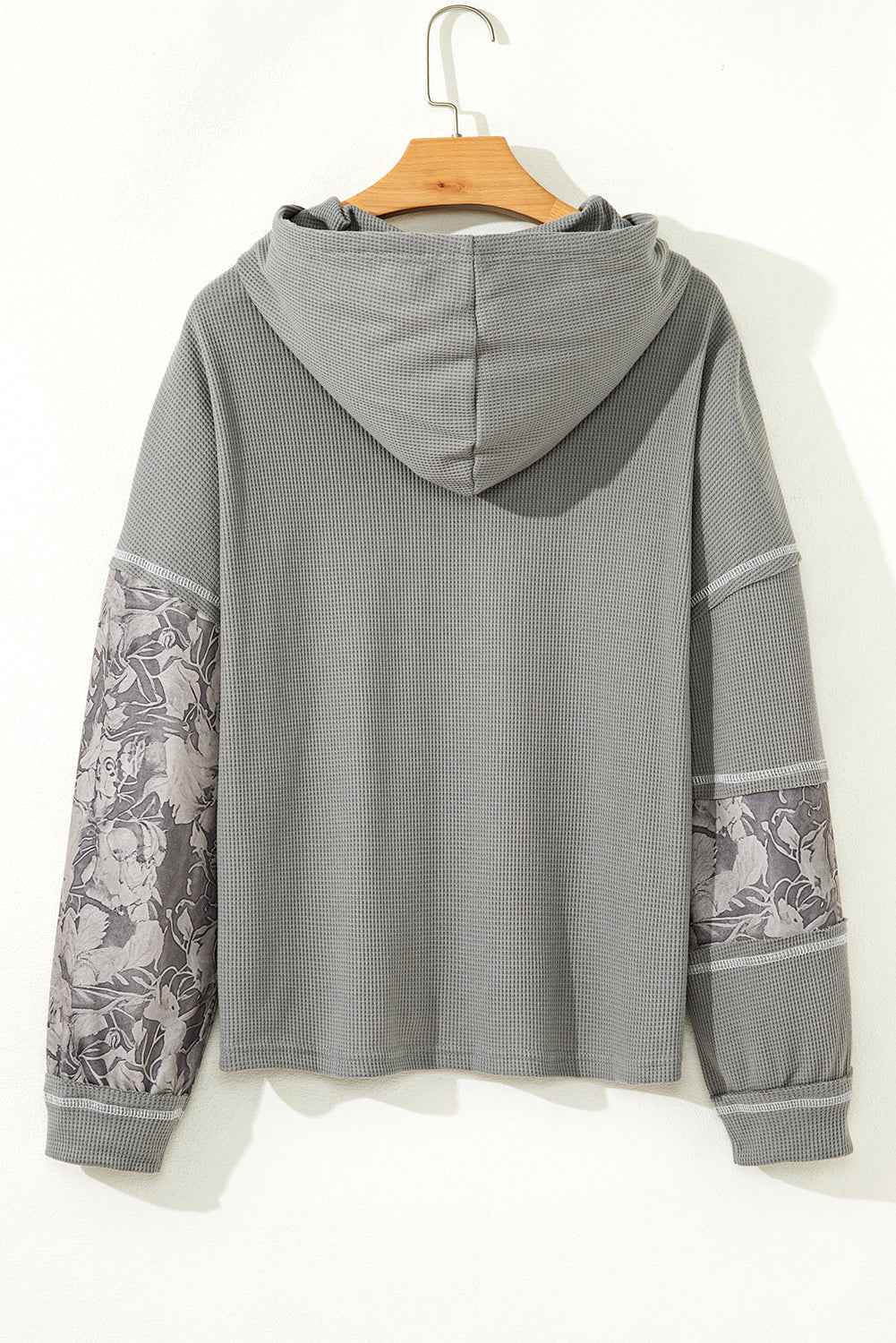 White Waffle Printed Patchwork Drawstring Hooded Long Sleeve Top 7b22c383a542dac0