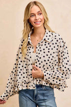 BiBi Crinkle Polka Dot Ruffled Hem Button Up Shirt Top 7b23b27b672649e5907d5b13fb071c8b-Max-Origin