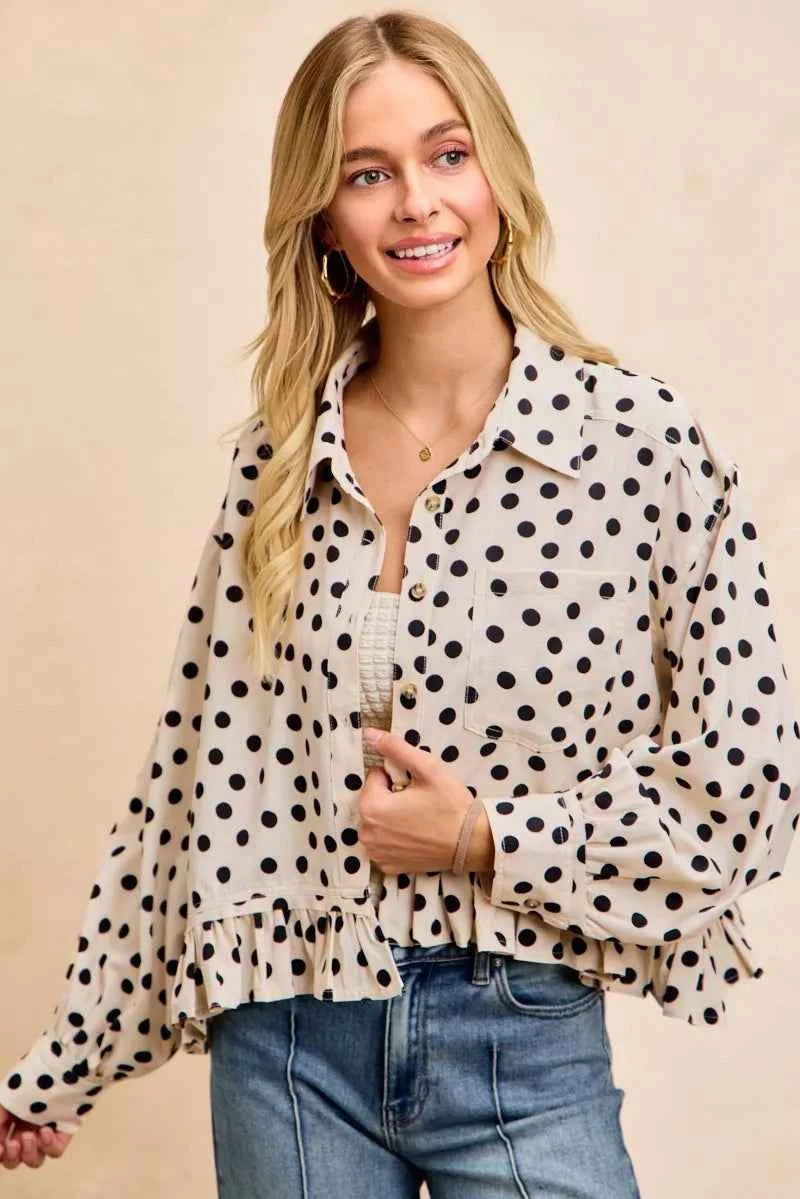 BiBi Crinkle Polka Dot Ruffled Hem Button Up Shirt Top 7b23b27b672649e5907d5b13fb071c8b-Max-Origin