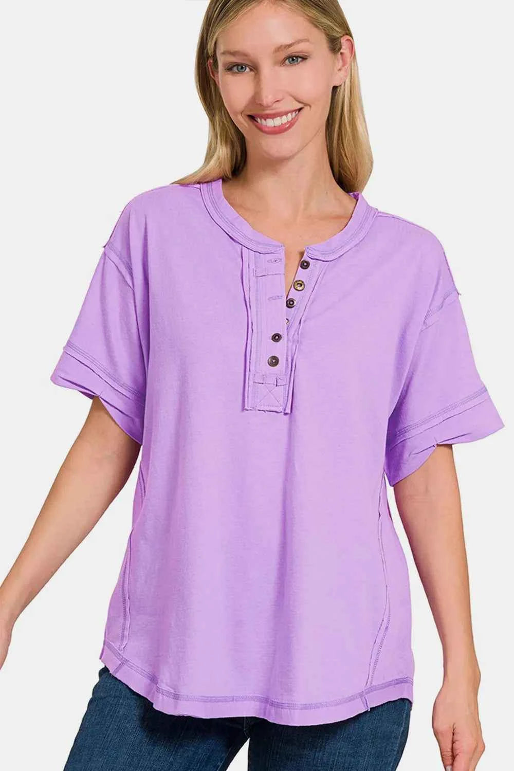 Zenana Exposed Seam Half Button Short Sleeve Top LAVENDER 7b28d4cd-6fbd-4e30-a09d-ef3553cc1a5d-Max