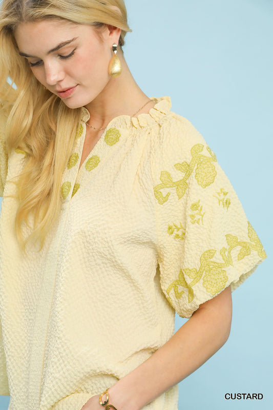 Embroidered Textured Flutter Sleeve Top 7b299cae-2735-49af-b7c1-b864e16dd4b5-Max