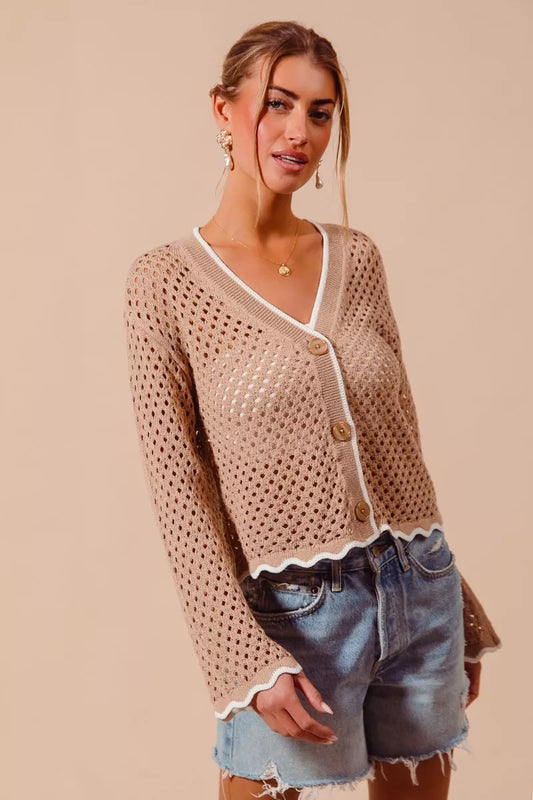 Open Knit Light Weight Sweater Cardigan With Contrast Wavy Scallop Edge 7b2b0dd7-2285-4fc4-b821-b8fb4e385f03-Max-Origin