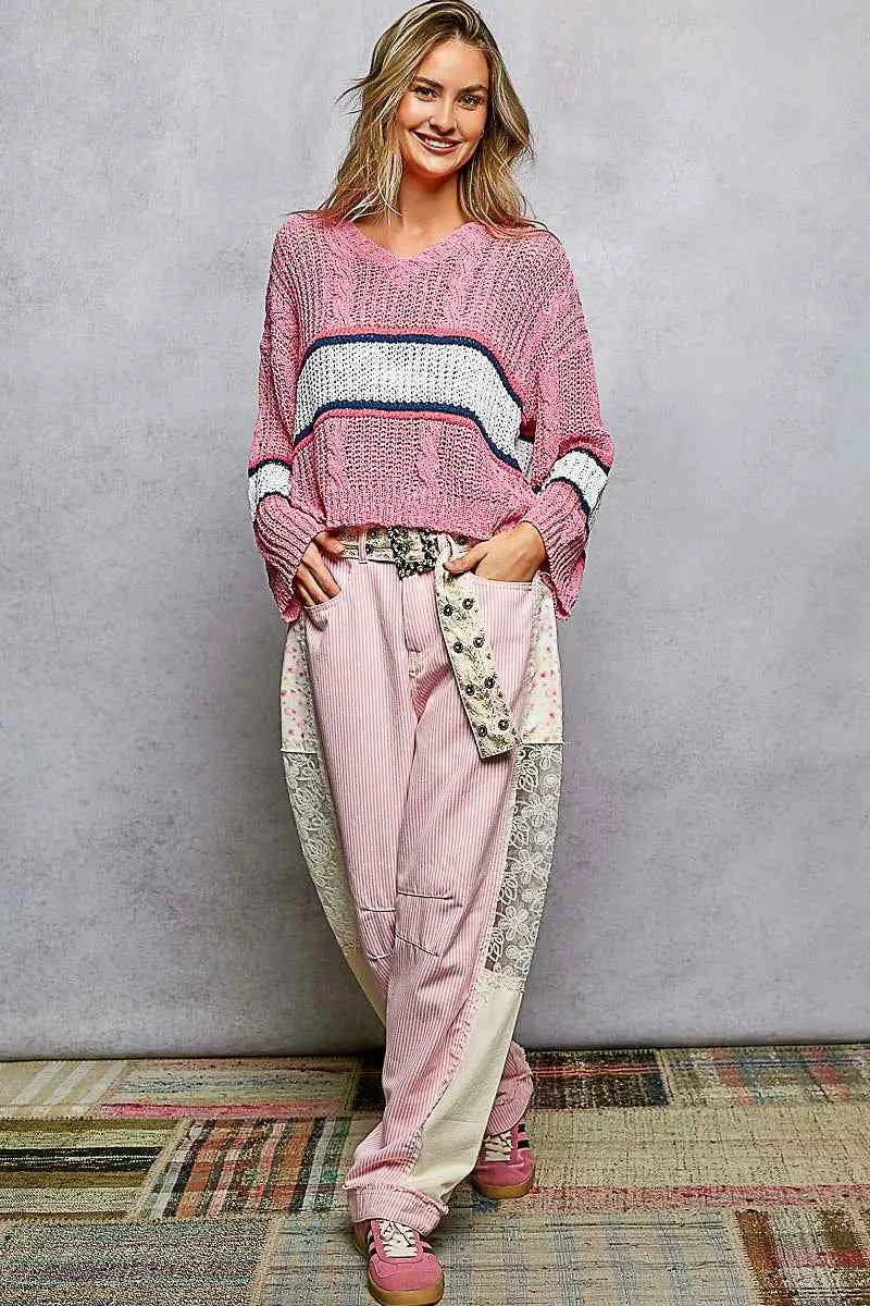 POL V-Neck Striped Pattern Cropped Knit Top with Cable Knit Detail 7b2e557b-3504-42f1-bd86-9fc531d8a2b6-Max-Origin