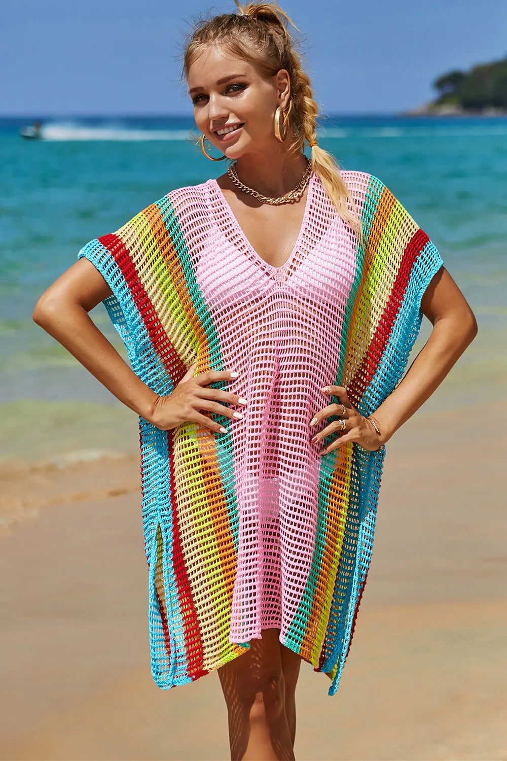 Angel Wings Openwork Striped Slit Knit Cover Up 7b3b851b-f9cf-4554-aa20-2ec9ab94f5be-Max