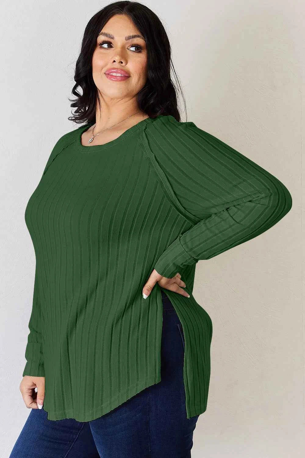 Basic Bae Full Size Ribbed Round Neck Slit T-Shirt 7b3d0dc0-4441-4a9f-9a4b-8b78916287d2-Max