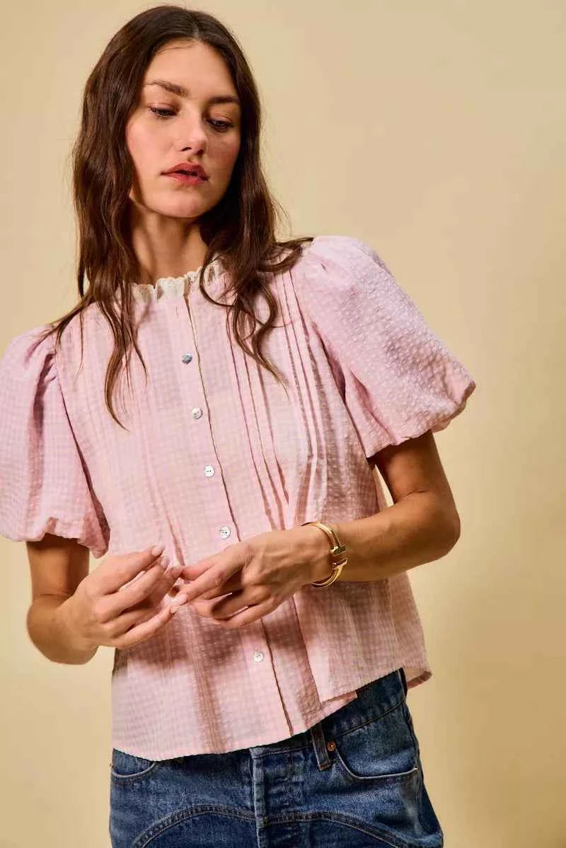 SO ME Gingham Lace Trim Button Bubble Sleeves Blouse 7b4255c306f1440586cf1dd14006cb71-Max-Origin