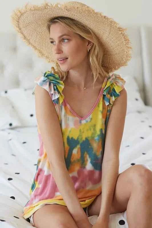 BiBi Circular Tie Dye Knit V Neck Top With Ruffle 7b437a4847f6466e885b3a479a3595f6-Max-Origin