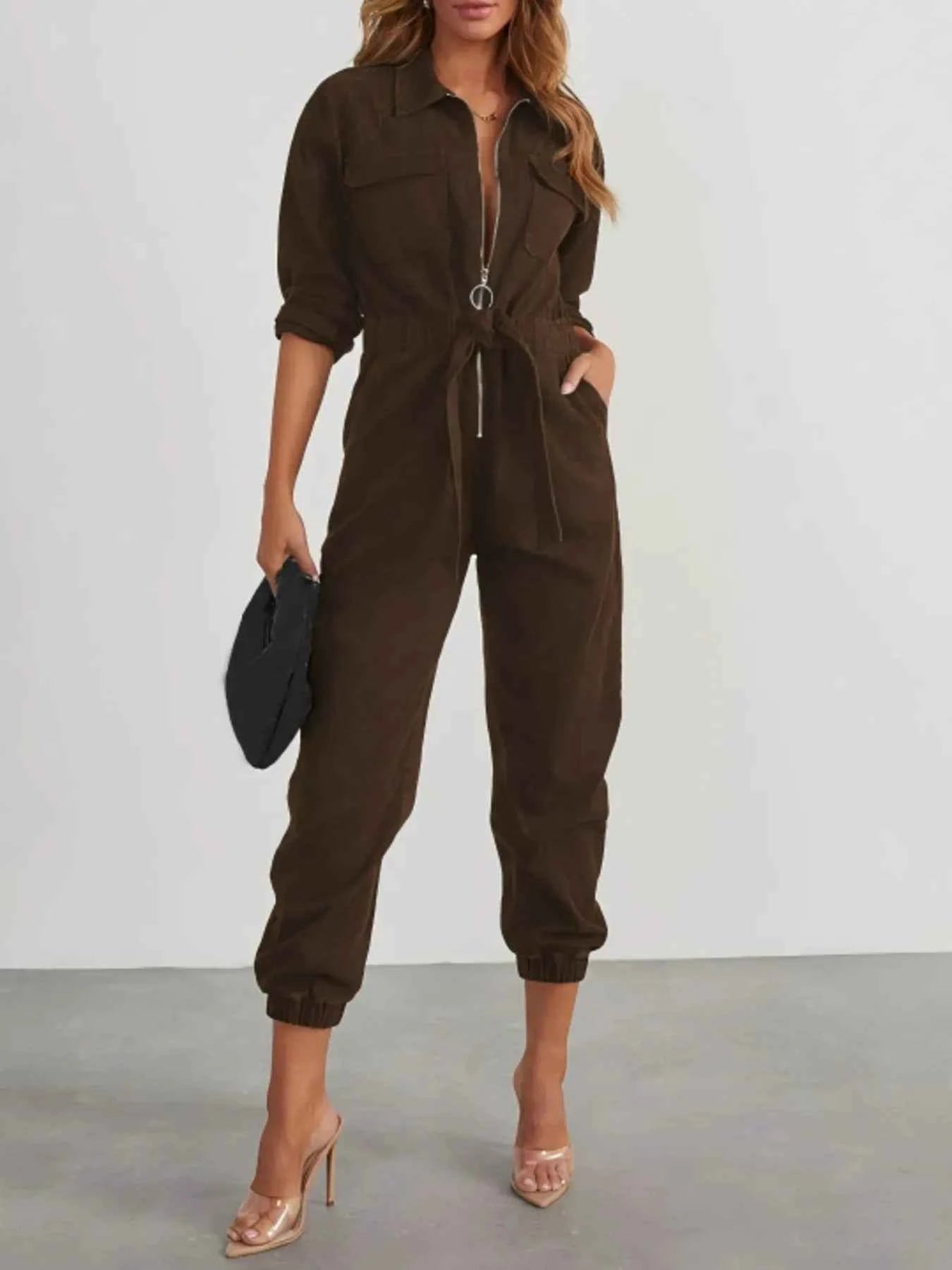 Zip Front Long Sleeve Jumpsuit Dark Brown 7b4c0d8b650e495fad89705be07191ad-Max-Origin