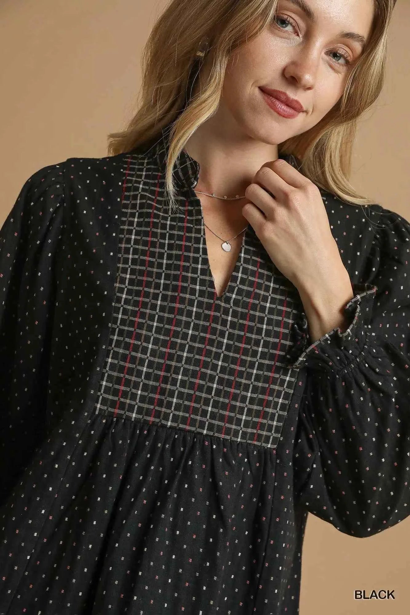Umgee Polka Dot Plaid Trim Babydoll Dress 7b4e909e-49d5-4329-9357-cee373c76df0-Max-Origin