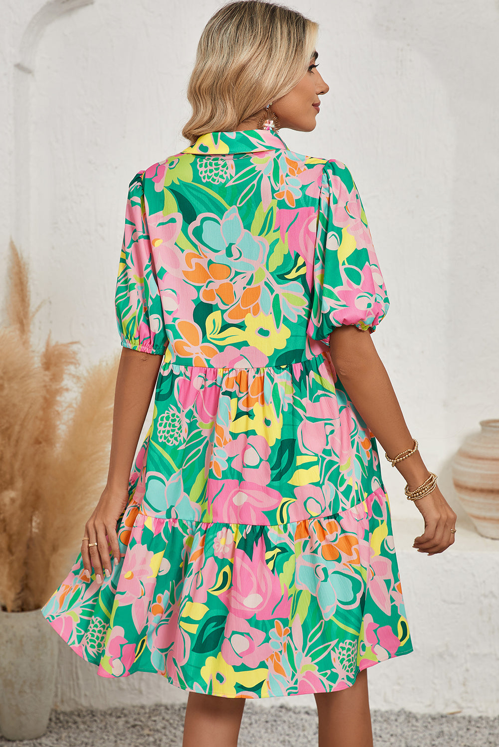 Pink Floral Puff Sleeve Collar Buttoned Babydoll Dress 7b4eb97190388b3f