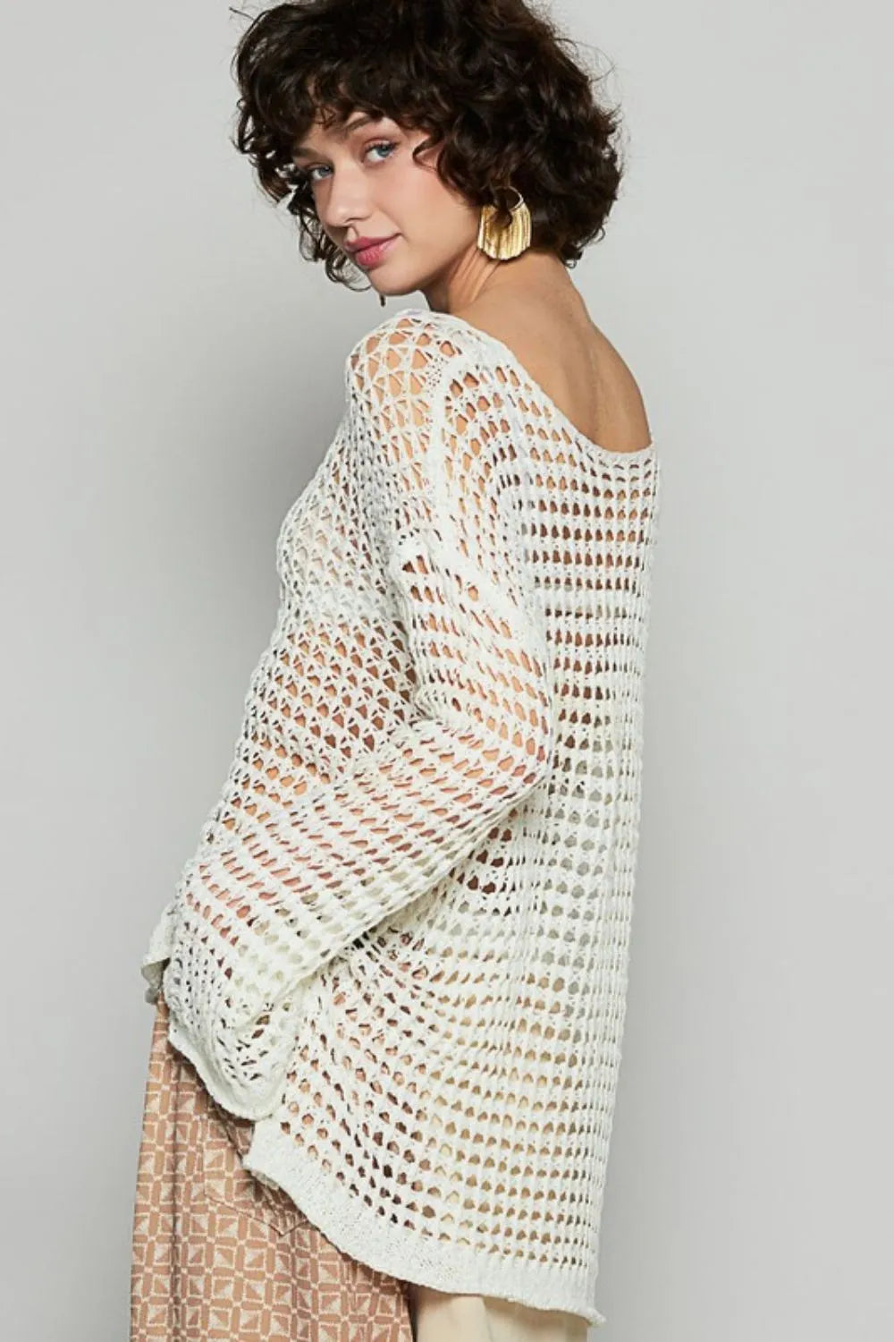 POL Side Slit Openwork Long Sleeve Knit Cover Up 7b5043cd-8686-4973-9739-2de3573a28e7-Max