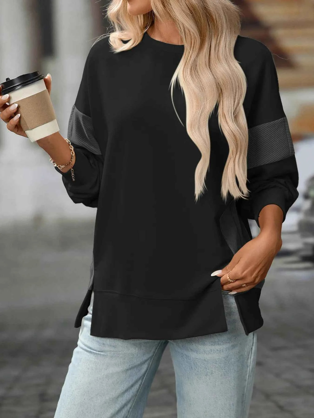 Slit Round Neck Long Sleeve Sweatshirt 7b51ad74ed074299936d96e7e5154771-Max-Origin