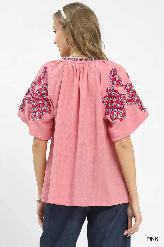Embroidered Sleeve Contrast Trim Top 7b53d950-2793-4dab-9e0e-d88204eaf70a-Max-Origin