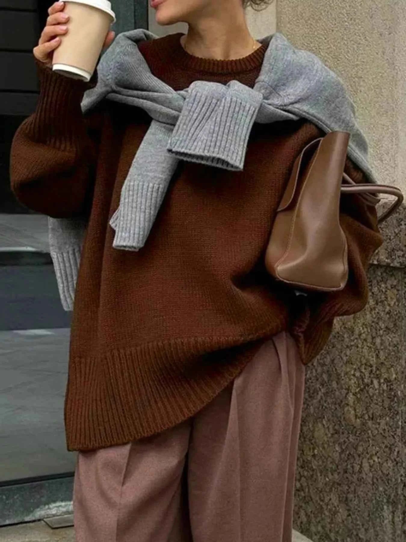 Ribbed Hem Round Neck Sweater Brown 7b56f85c-9af5-4030-addf-1deeb9b52f09-Max-Origin