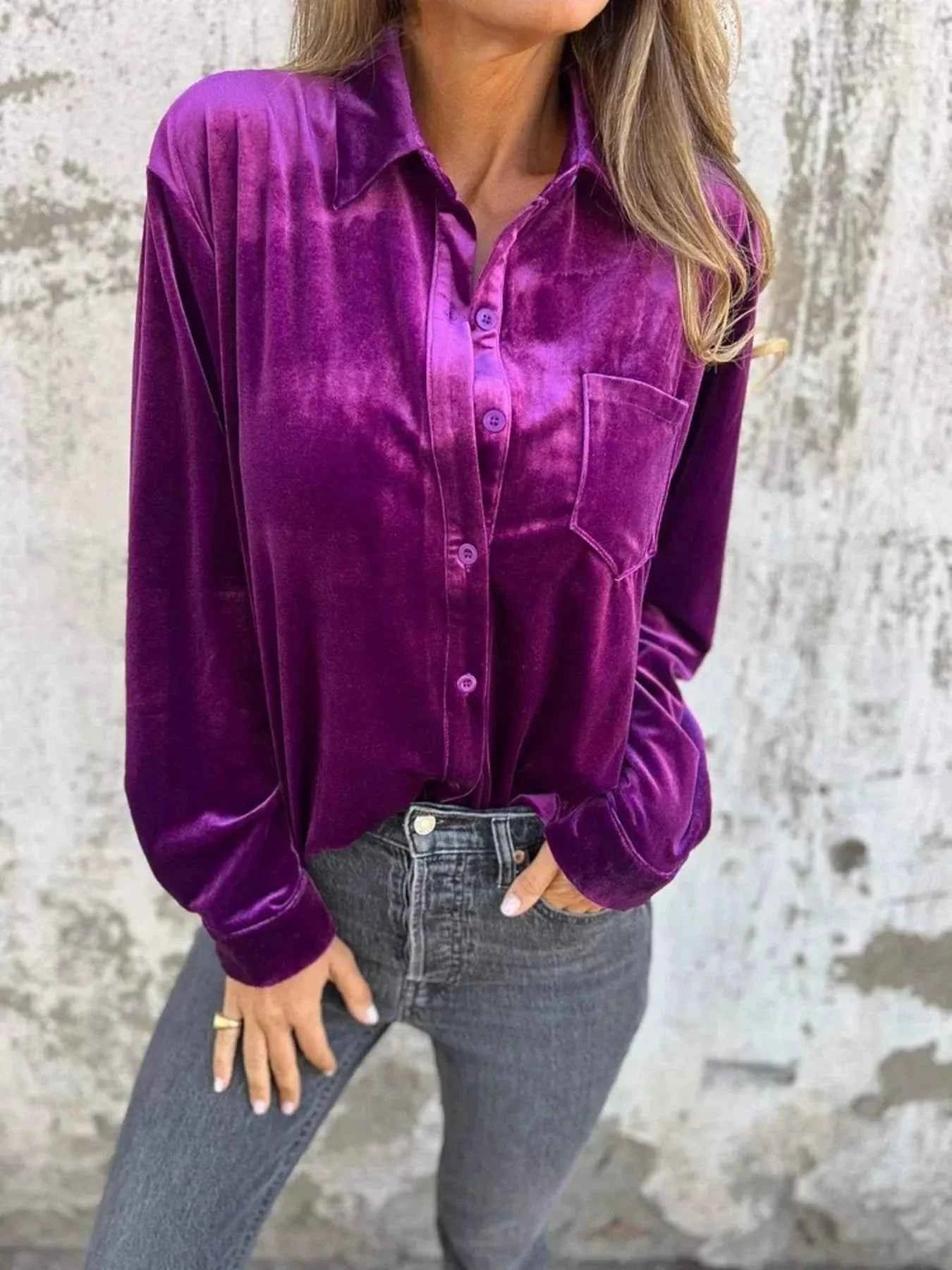 Full Size Velvet Button-Up Long Sleeve Shirt Plus Size Purple 7b5a4db928664d609915ccbb4fbd5162-Max-Origin