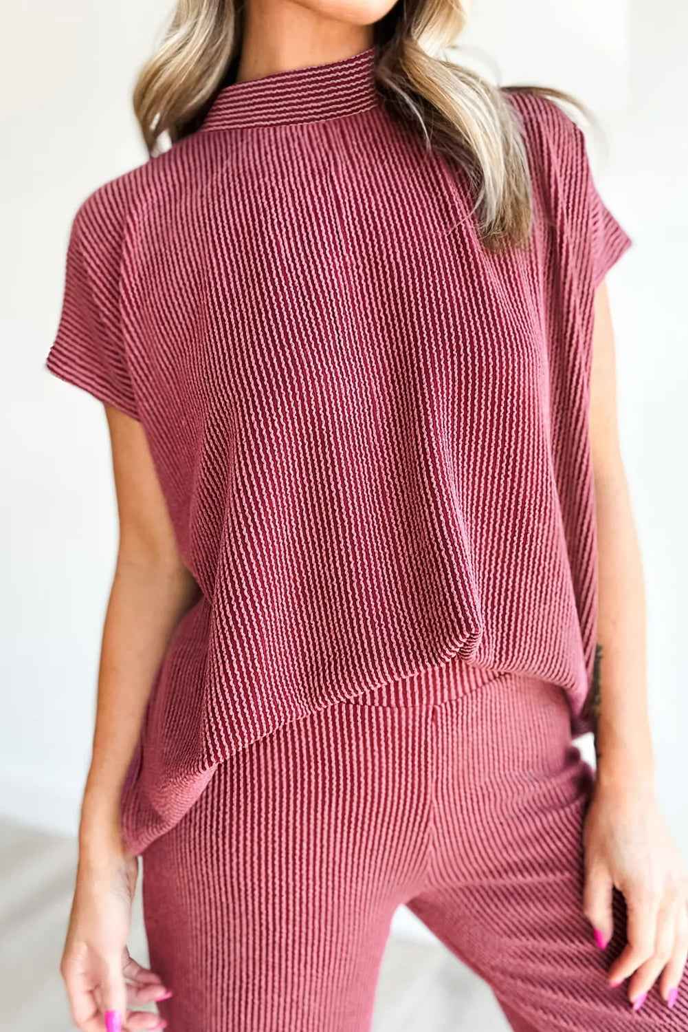 Burgundy Twisted Ribbed High Neck Loose Tee Elastic High Waist Loose Pant Set 7b5f29730d634ab5