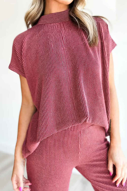 Burgundy Twisted Ribbed High Neck Loose Tee Elastic High Waist Loose Pant Set 7b5f29730d634ab5