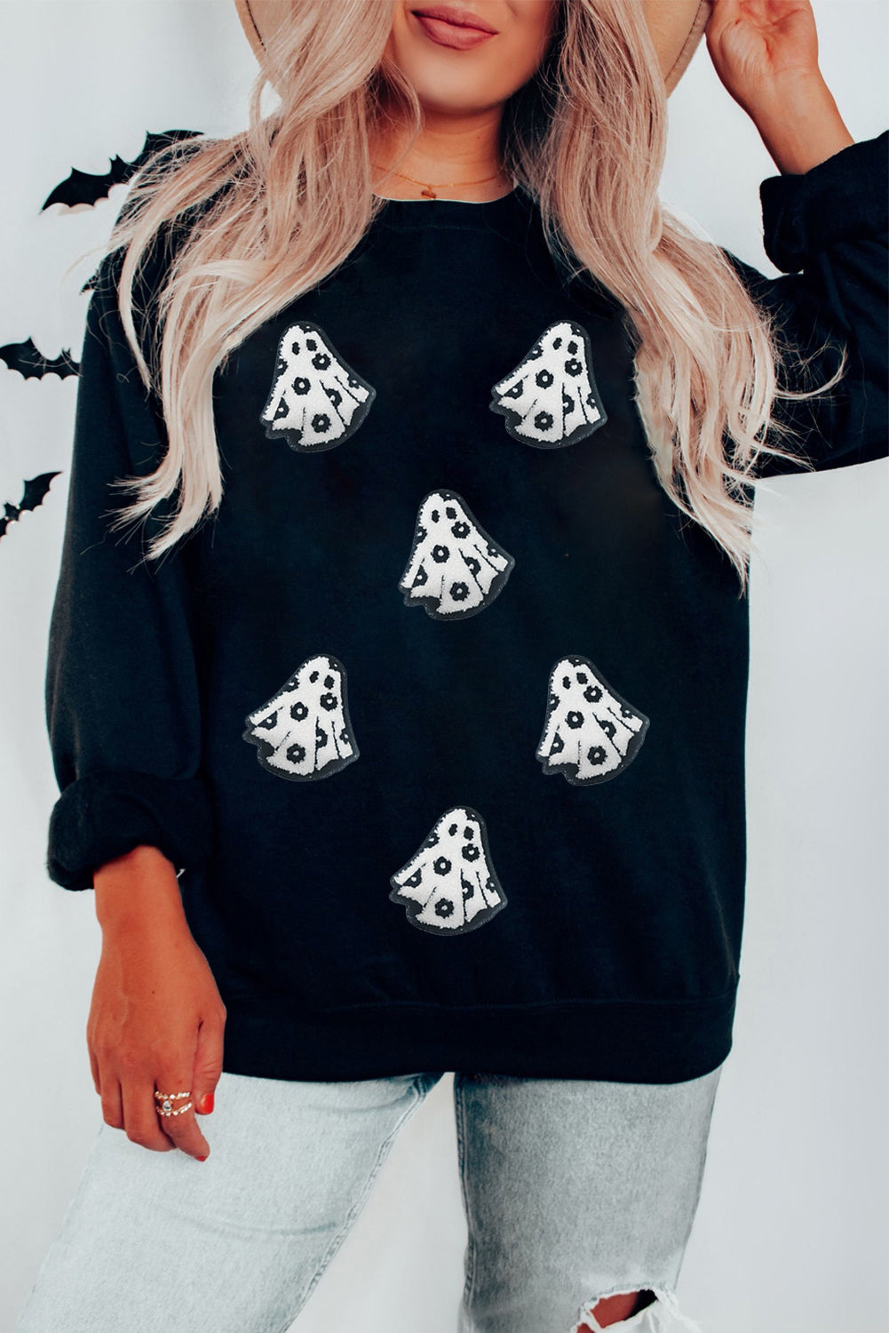 Black Playful Halloween Ghost Terry Flocking Loose Pullover Sweatshirt 7b63512a88bd7e55