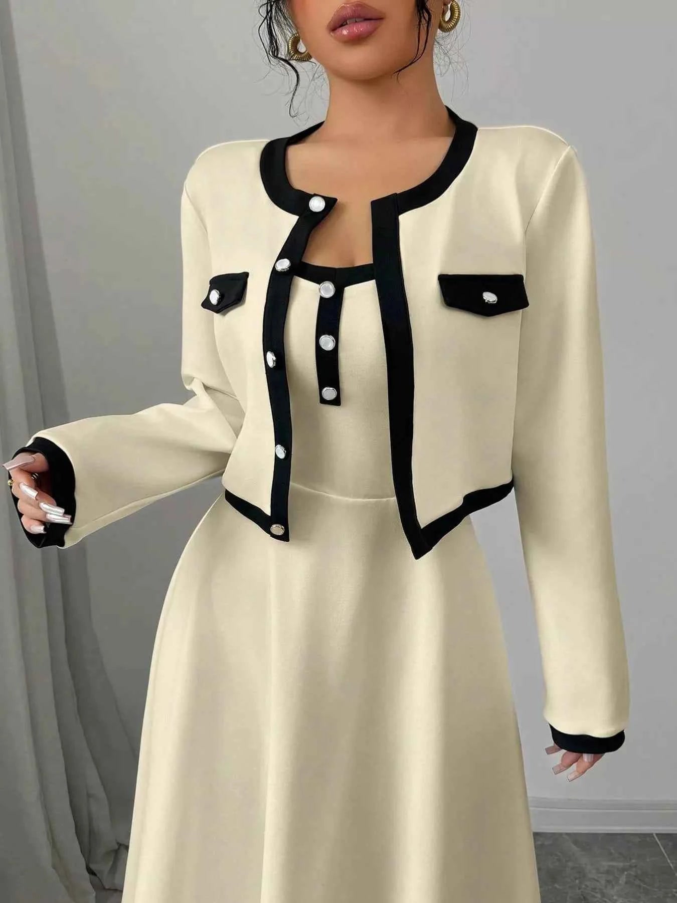 Contrast Trim Maxi Dress and Cropped Cardigan Set 7b65a7d0-d8f9-4d78-b45b-1eafc59a9faf-Max-Origin