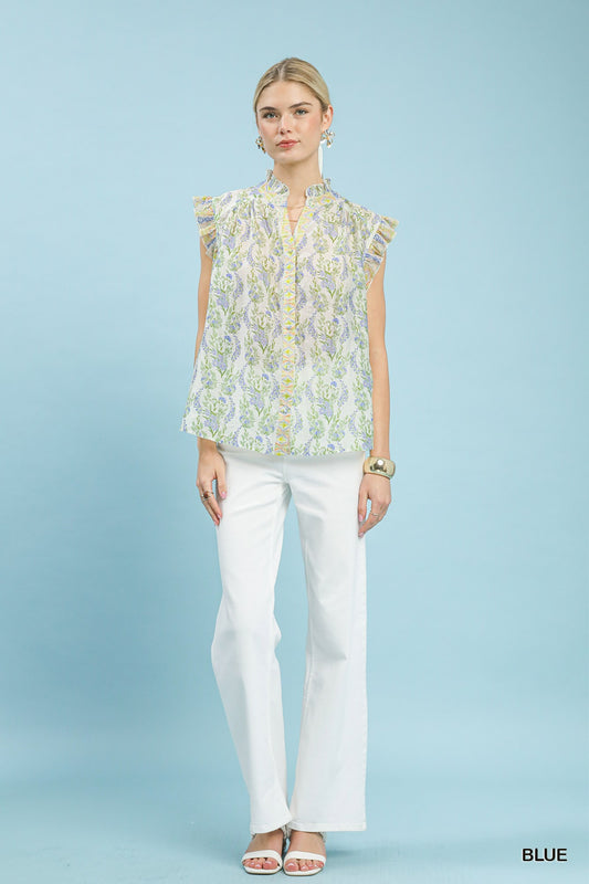 Floral Print Flutter Sleeve Split Neck Top 7b6bd9ea-59d4-4381-af9f-423c90b9087a-Max