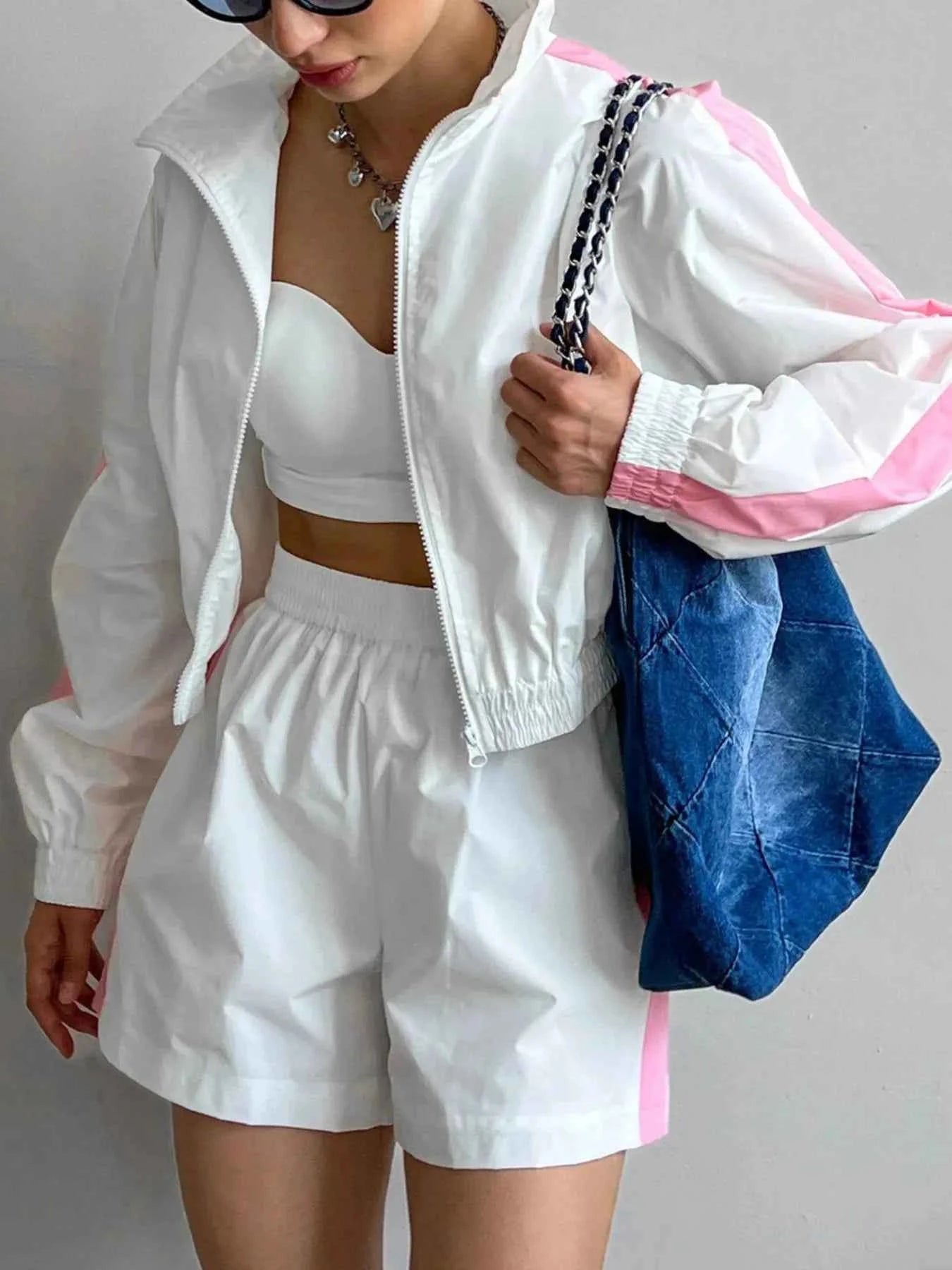 Zip Up Long Sleeve Jacket and Shorts Set White 7b6d876a-d524-42ef-96a4-1a21fc52e259-Max-Origin