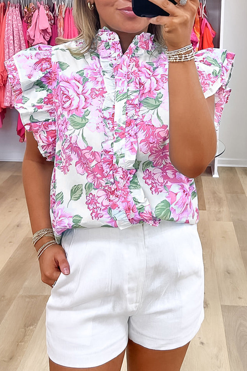 Pink Floral Print Ruffle Sleeve Frilly Button Up Shirt Pink 100%Polyester 7b73fe31ec2ddf37