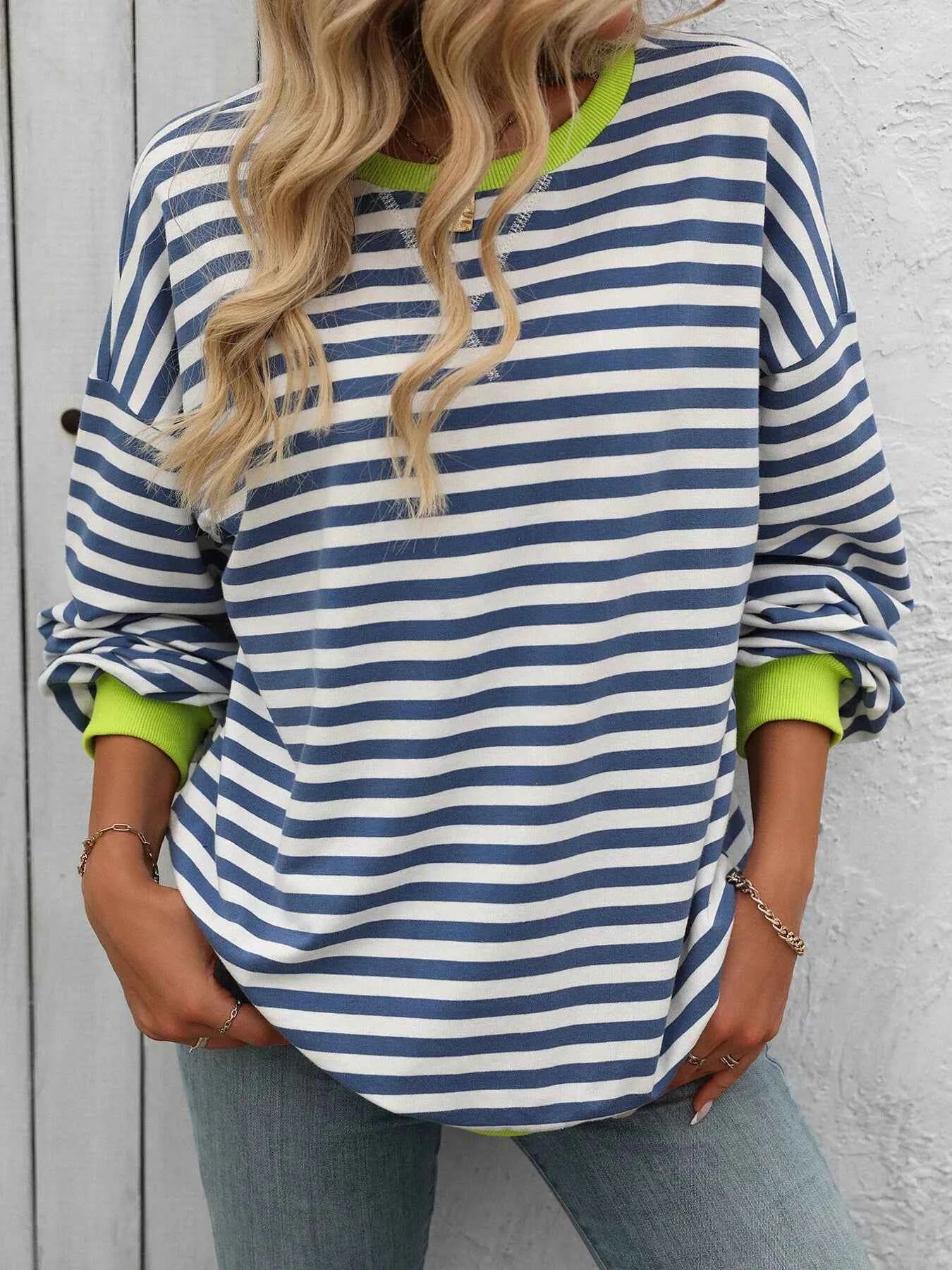 Striped Round Neck Dropped Shoulder Sweatshirt Blue 7b74ed66b66f45a1823b66f8df38b3aa-Max-Origin