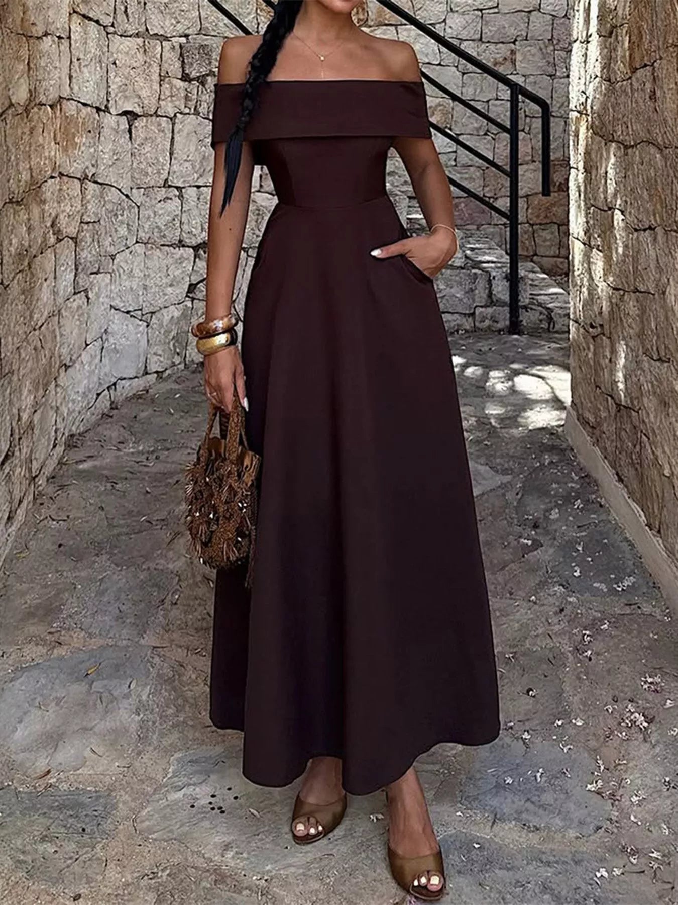 Off-Shoulder A-Line Maxi Dress Brown 7b7c8021-ef18-4d48-8fb1-5079f5cbea45-Max-Origin