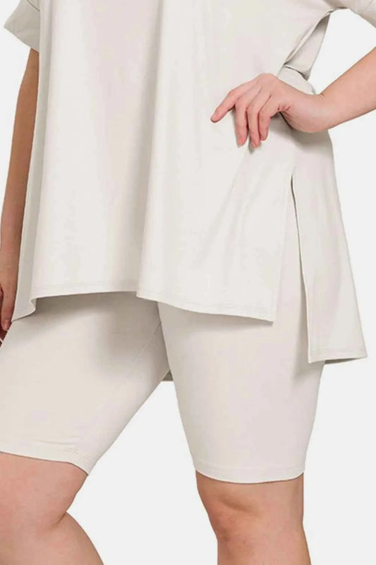 Full Size V-Neck Short Sleeve Slit T-Shirt and Shorts Set 7b81f37b-ec49-462b-95db-cdc239221513-Max