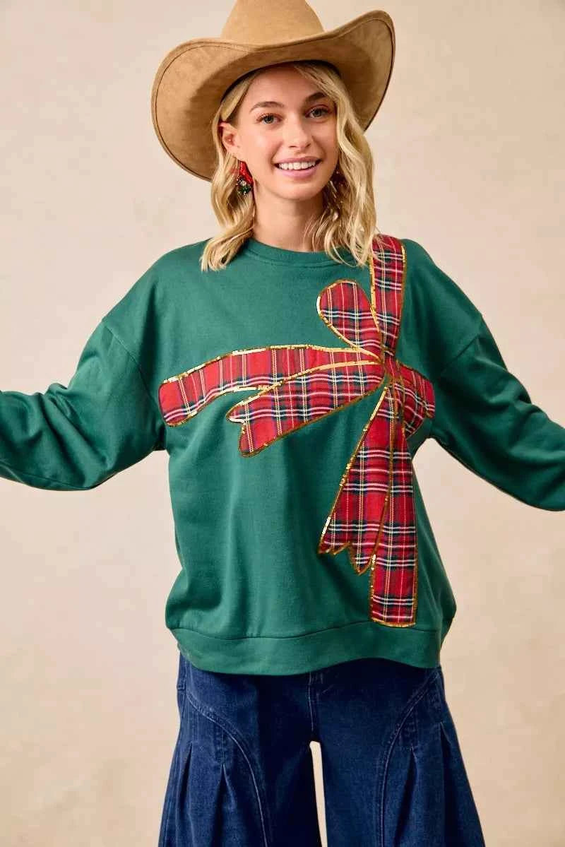 BiBi Plaid Ribbon Bow Detail Christmas Fleece Pullover 7b82f0581bfb45cdb98f1488f35f4010-Max-Origin