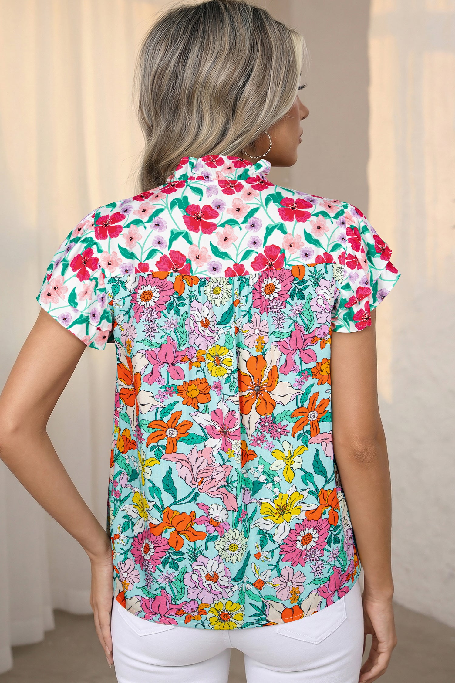 Sky Blue Floral Print Split Neck Button Front Flutter Sleeve Blouse 7b87c4e6771e7fd8