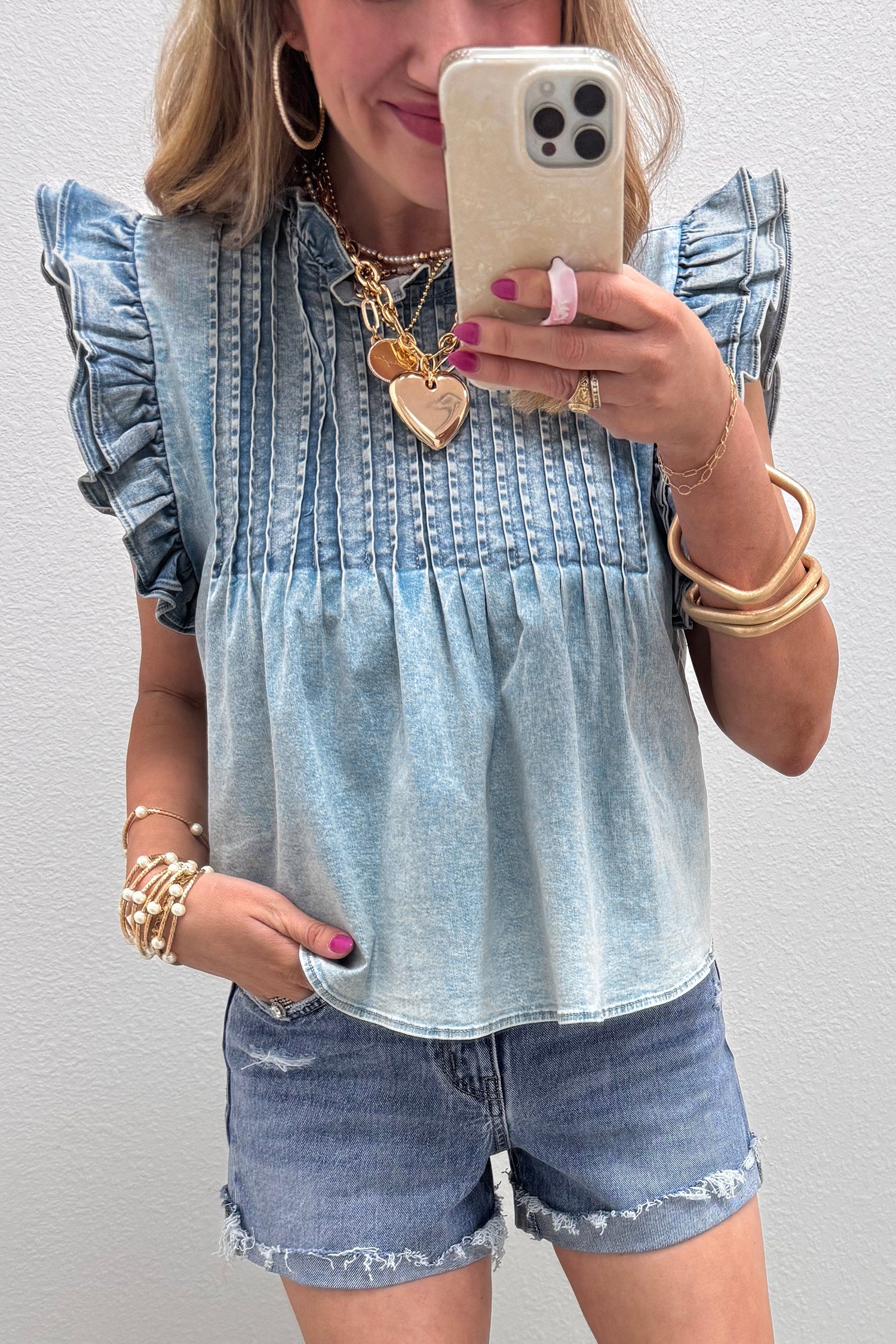 Beau Blue Ruffle Pleated Detail Vintage Washed Denim Top 7b8a0ea332a18e29