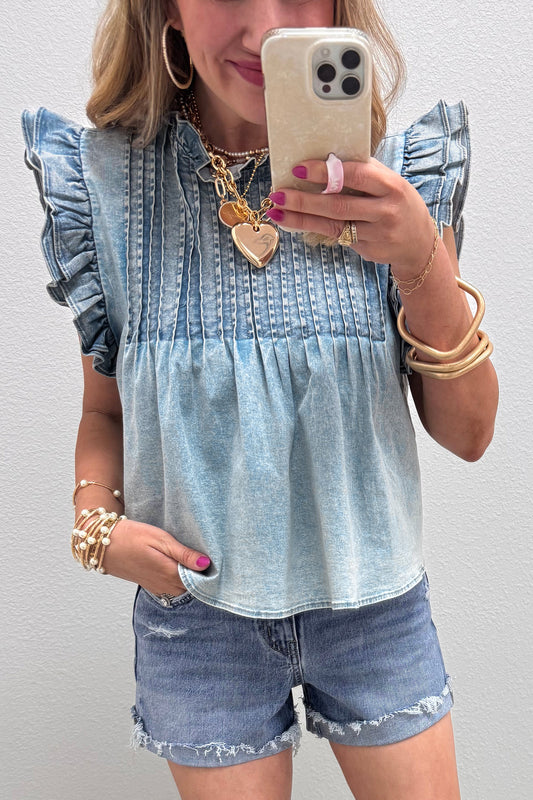 Beau Blue Ruffle Pleated Detail Vintage Washed Denim Top 7b8a0ea332a18e29