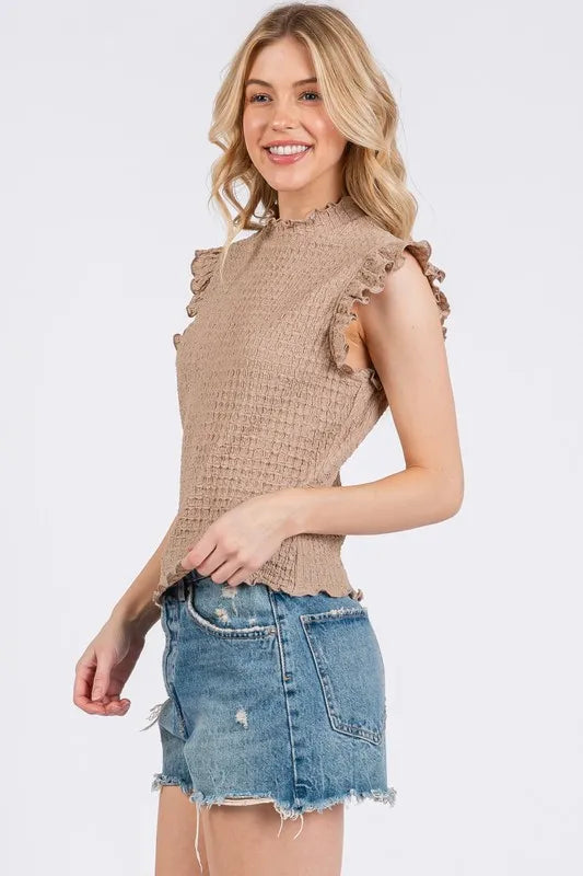 Ces Femme Texture Mock Neck Ruffle Cap Sleeve Blouse 7b8e15ac-e5a3-41c4-a456-49dd6ef40210-Max