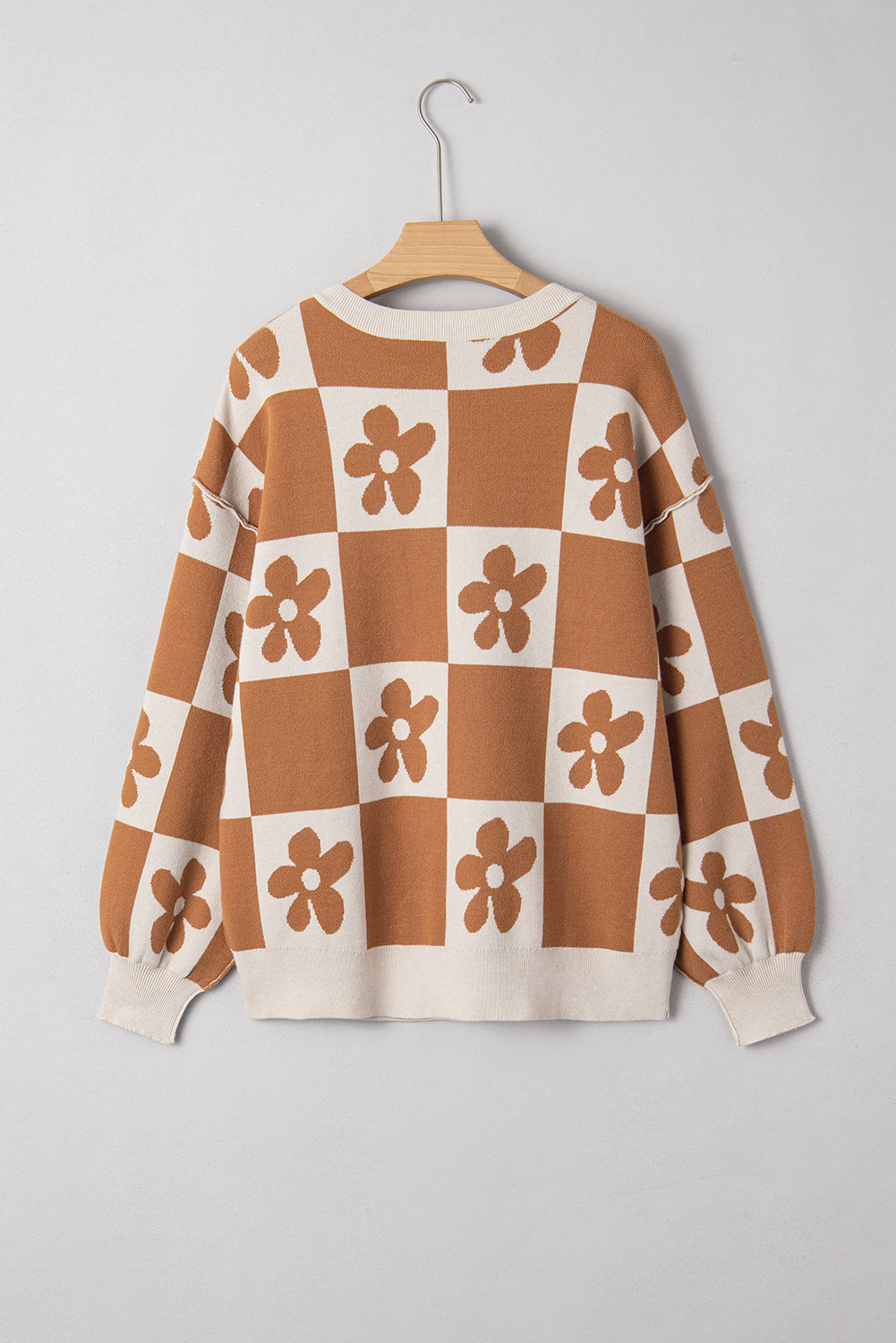 Red Dahlia Flower Colorblock Checkered Henley Sweater 7b90843f74200c0a