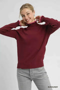 Umgee Ribbed Round Neck Sweater with Ruffle Contrast Trim BURGUNDY 7b90b5f6-507d-4598-acc6-0c5f7e73fe95-Max-Origin