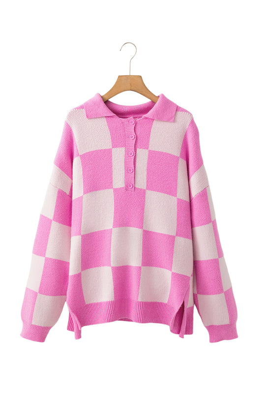 Pink Checkered Button Collared Sweater 7b924eeec6d00c63