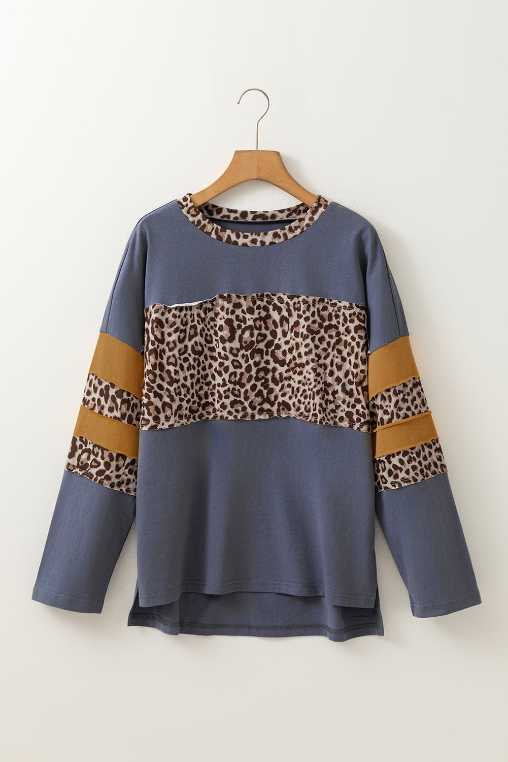 Dark Blue Leopard Colorblock Patchwork Drop Shoulder Top 7b9699a2ce1ee452