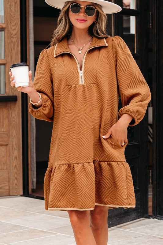 Textured Quarter Zip Collar 3/4 Sleeve Mini Dress 7b9781ba-dbf7-406f-8842-38a68d755e8a