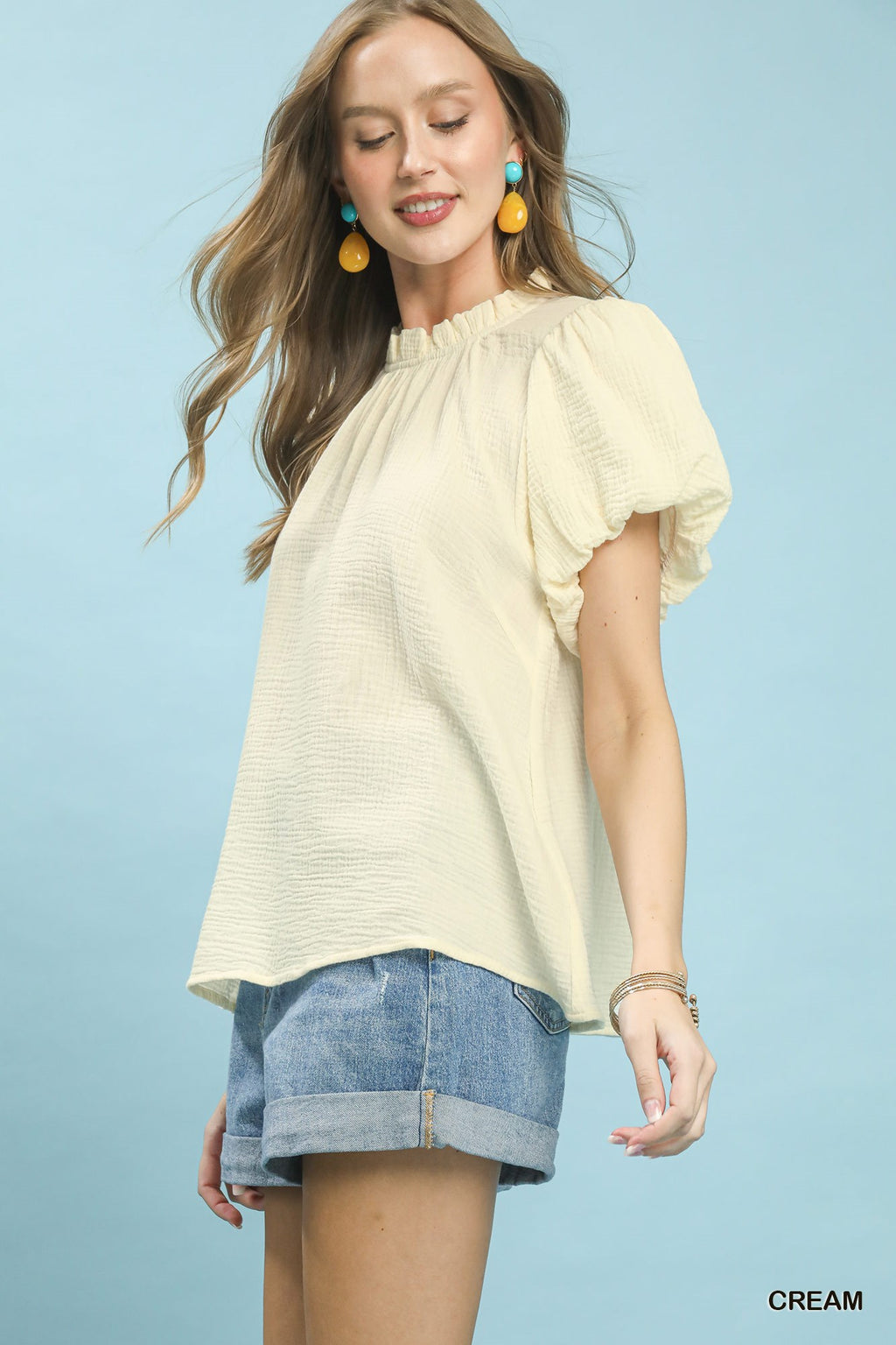 Umgee Textured Gauze Ruffle Neck Boho Top 7b994352-4222-4da3-81f8-83fc1c1643de-Max