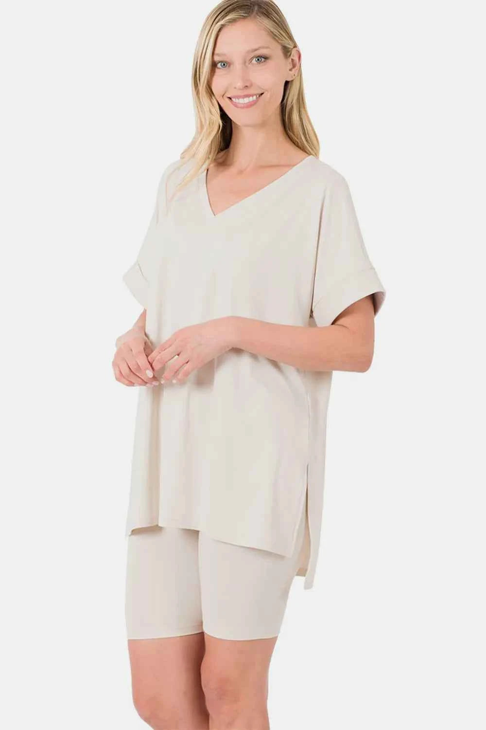 Zenana Full Size V-Neck Short Sleeve Slit T-Shirt and Shorts Set Bone 7b9bed86-e933-4ff0-bf88-fb464b0f39d1-Max