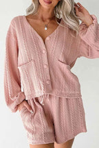 Cable Knit V Neck Cardigan and Shorts Set 7b9c333e-2561-4e1b-bfe0-fbab0cc4ebca-Max-Origin