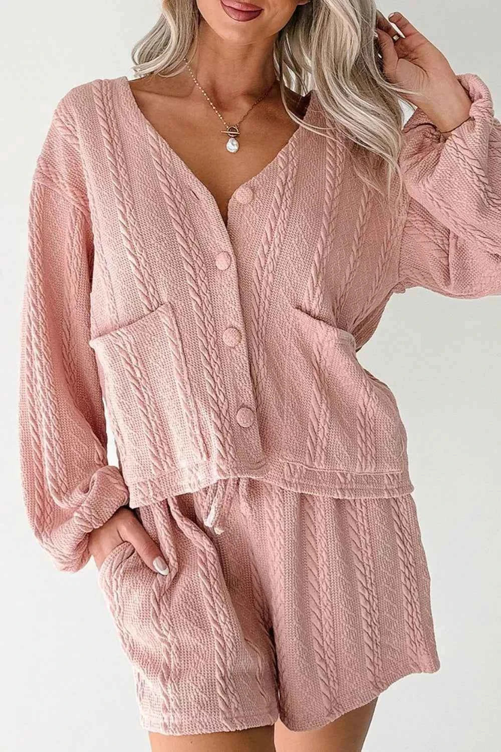 Cable Knit V Neck Cardigan and Shorts Set 7b9c333e-2561-4e1b-bfe0-fbab0cc4ebca-Max-Origin