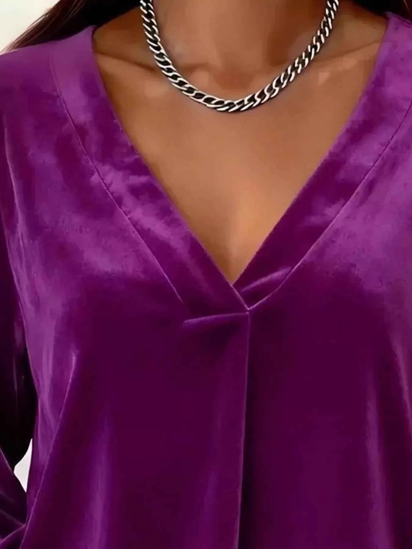 Full Size Velvet V-Neck Balloon Sleeve Blouse Plus Size