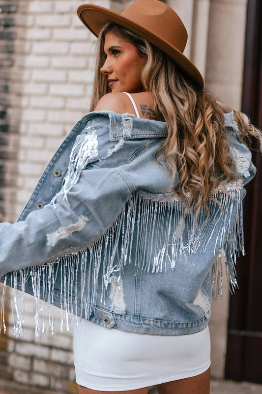 Sky Blue Sequin Embellished Fringe Distressed Denim Jacket 7b9e0ef86e8762c4