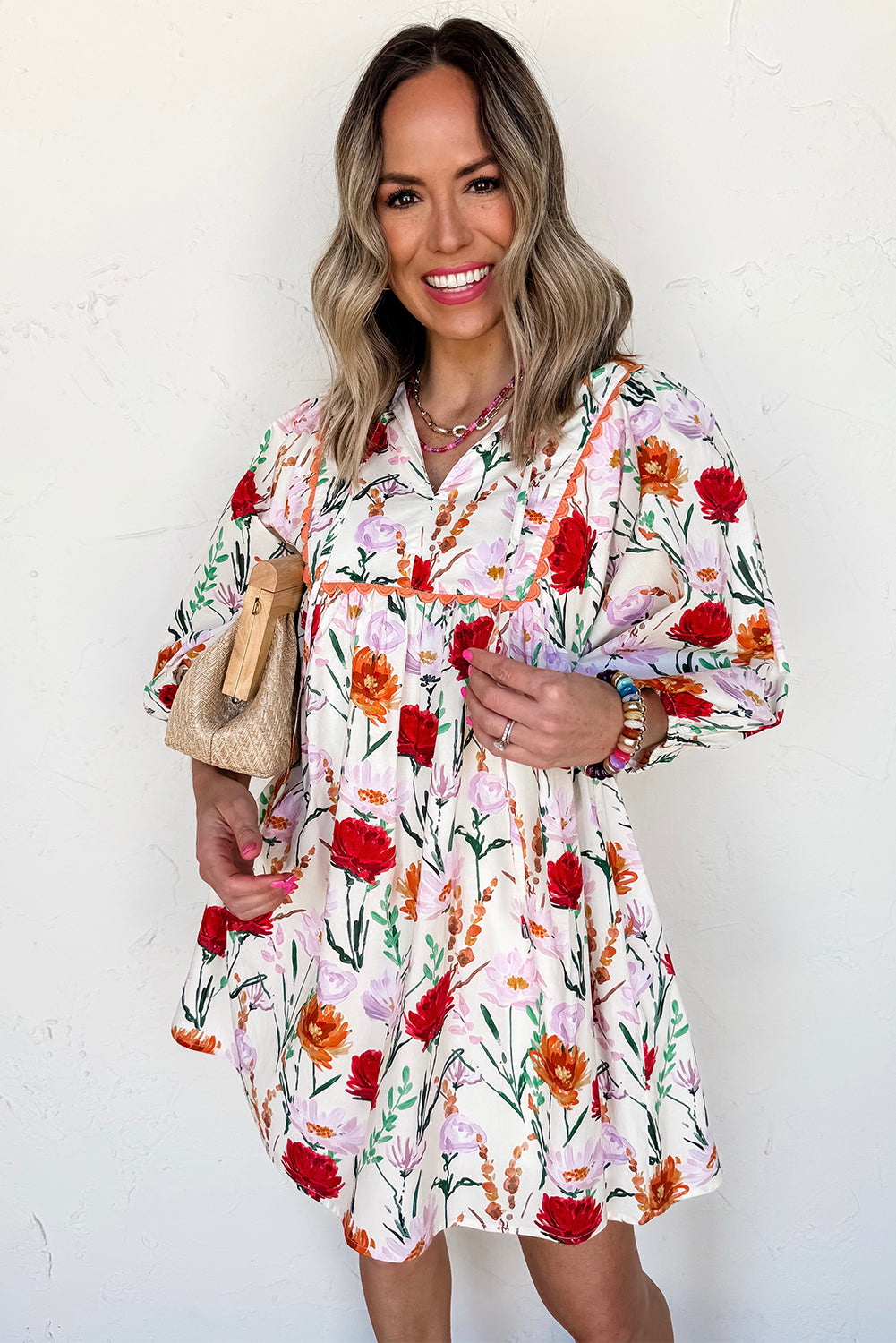 Beige Floral Print 3/4 Puff Sleeve Ricrac Trim Mini Dress 7b9f571c8c040829