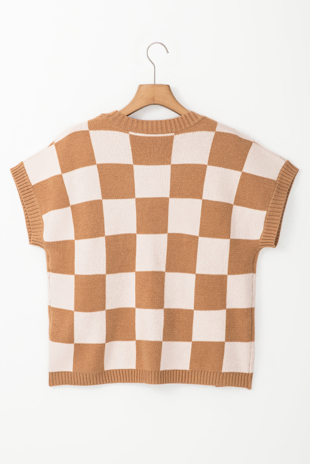 Light French Beige Checkered Knit Dolman Short Sleeve Sweater 7ba09415170a45f0